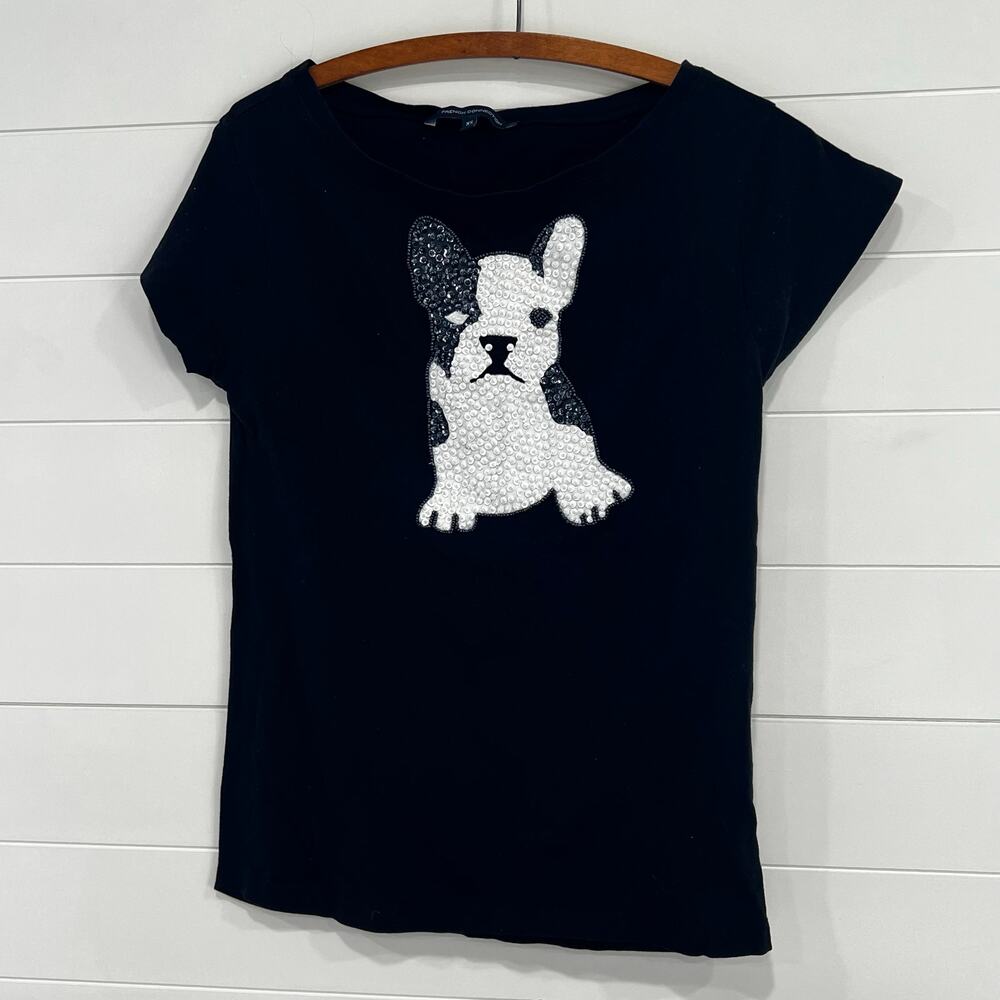 French Connection Sequins Bulldog Black White Shirt Top Women's size XS